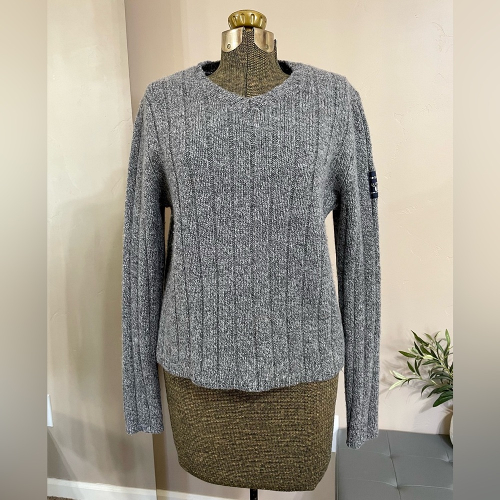 Vintage 90s Roger David Gray Lambs Wool Chunky Knit Sweater Ribbed Preppy Cozy